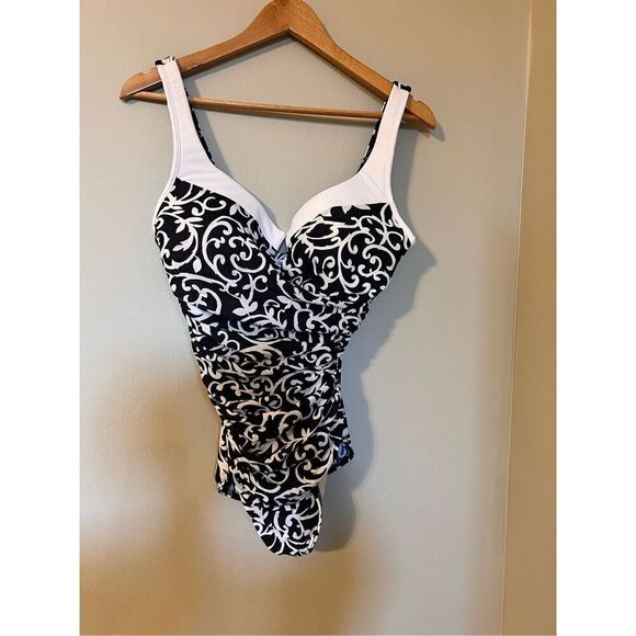 Miraclesuit 6 One Piece Swimsuit Colorblock Baroque Scroll Print Black Shaping - Picture 4 of 10